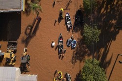 
Vista area de ruas inundadas durante operaes de resgate no bairro de So Joo, em Porto Alegre, Brasil, tirada em 6 de maio de 2024