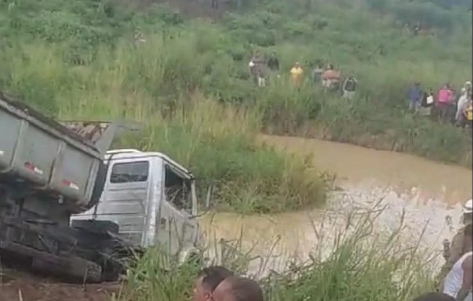 Caminho caiu em lago  margens de rodovia  (Foto: Redes Sociais )