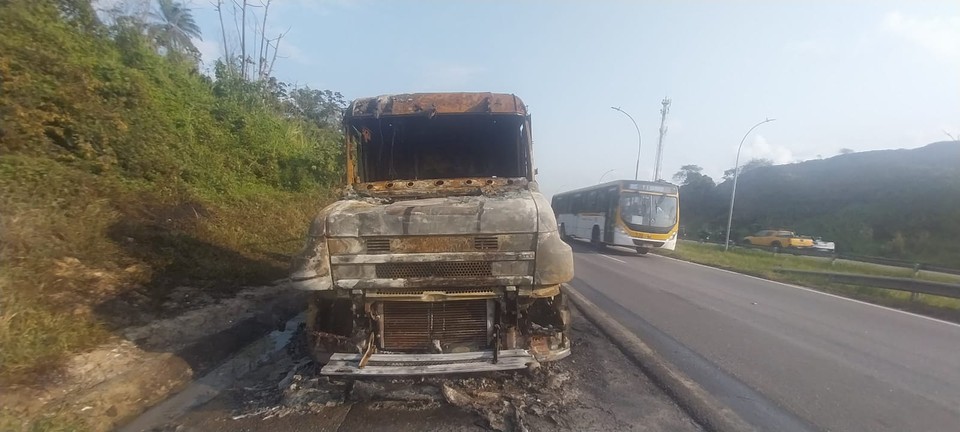 Alm disso, o Corpo de Bombeiros  foi chamado por volta das 7h15 e controlou as chamas, que atingiram principalmente a parte da frente do caminho (Foto: Reproduo/PEF)