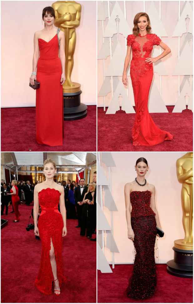 Dakota Johnson e Rosamund Pike se destacaram arrasando no vermelho. Crdito: AFP