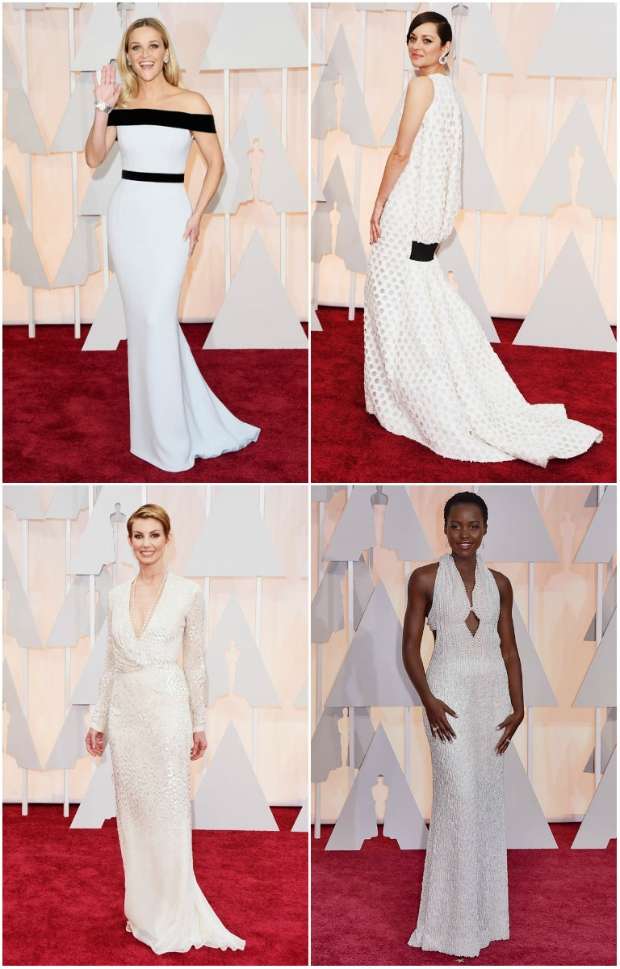 Reese Witherspoon e Marion Cotillard apostaram no branco. Crédito: AFP Reese Witherspoon e Marion Cotillard apostaram no branco. Crédito: AFP