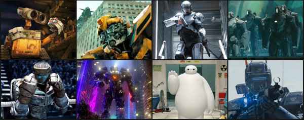 Em sentido horrio: Wall-E, Transformers, Robocop, Homem de Ferro (drones), Gigantes de Ao, Operao Big Hero (Bay Max) e Chappie. Clique na imagem para ampliar e ver as fotos