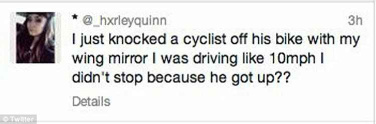 "Acabei de derrubar um ciclista da bicicleta dele com meu retrovisor, dirigia a 10km/h, no parei porque ele se levantou??". Foto: Twitter/Reproduo