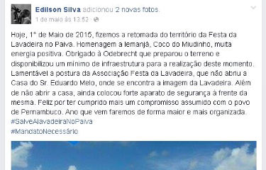 Edilson Silva agradeceu a estrutura montada pela construtora nas redes sociais. Foto: Facebook/Reproduo