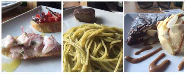 Bruschetta de ceviche, Spaguetti com pesto e mignon e Palleta italiana