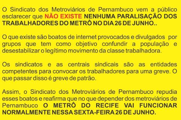 Metrovirios divulgaram nota oficial. Foto: Sindmetro/ Divulgao