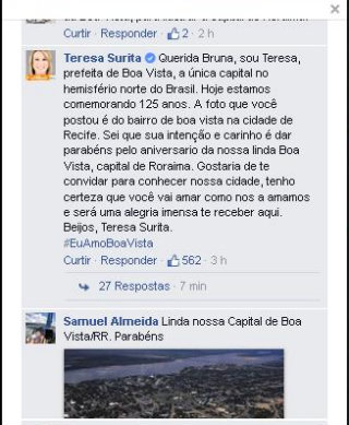 A prefeita de Boa Vista agradeceu a inteno de Bruna e a convidou para conhecer a cidade. Foto: Reproduo/Facebook