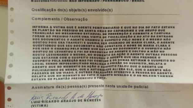 Cpia do boletim de ocorrncia registrado pelo Sindicato. Foto: Sindaspe/Divulgao