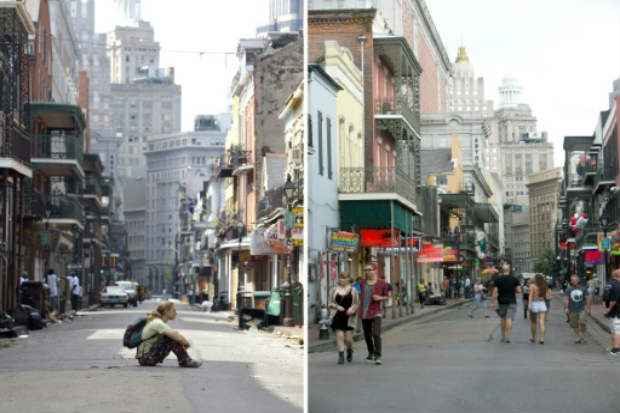 A Bourbon Street de Nova Orleans em 2005 e 2015. Crdito: AFP/Divulgao