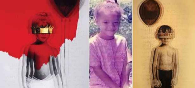 Capa de "Anti" (esq.) e suas inspiraes: foto da pequena Rihanna em seu primeiro dia na creche (centro) e a obra "The King", de Roy Nachum (dir.). Foto: Twitter/Reproduo