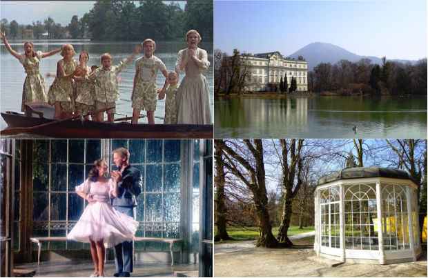 Duas cenas e seus locais verdadeiros: Na chegada da famlia do passeio de barco, as extermas foram gravadas no Palcio Leopoldskron. J o coreto onde foi gravada a cena de Liesl e Rolf est no jardim do Palcio Hellbrunn. Fotos: Reproduo/Internet e Tatiana Nascimento/DP/D.A Press