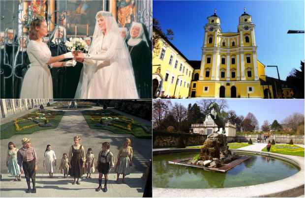 Duas cenas e seus locais verdadeiros: O casamento de Maria foi gravado na Catedral de Mondsee, a cerca de 30 minutos de Salzburg. J a clssica Do-Re-Mi foi finalizada nos jardins do Palcio Mirabell. Fotos: Reproduo/Internet e Tatiana Nascimento/DP/D.A Press