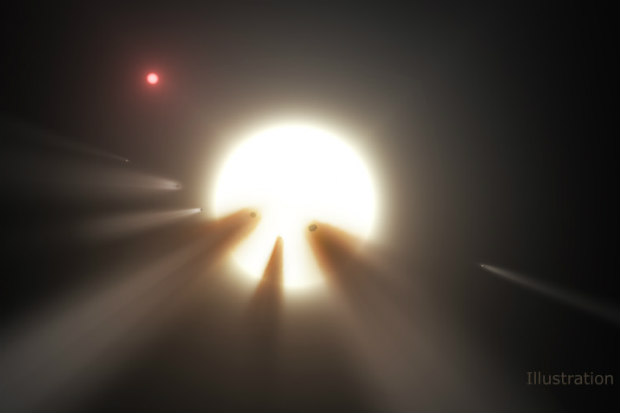 Ilustrao mostra uma estrela atrs de um cometa fragmentado, sugerindo o motivo dos misteriosos padres de luz da estrela KIC 8462852. Foto: NASA/JPL-Caltech