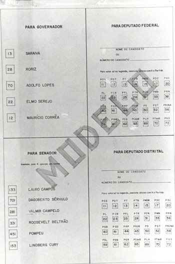 Modelo da cdula eleitoral de Braslia nas eleies de 1990. Foto: Raimundo Pasco/CB/D.A. Press