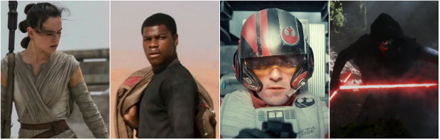 Rey, Finn, Poe e Kylo Ren, destaques do novo Star Wars. Fotos: Disney/Lucasfilm/Divulgao