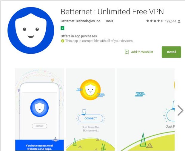 O app Betternet: Unlimited Free VPN  alternativa para quem no consegue ficar sem Whatsapp. Foto: Google Play/Reproduo