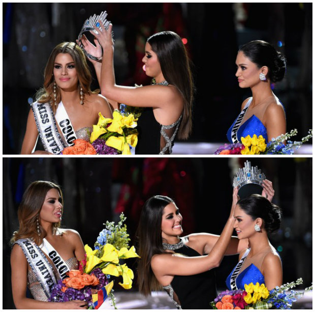 Paulina Vega (Miss Universo 2014) tira a coroa de Ariadna Gutirrez e entrega para Pia Alonzo. Fotos: Ethan Miller/ AFP