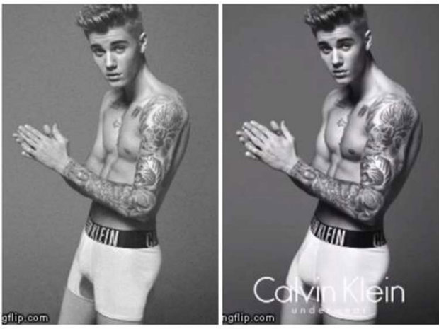 Em 2015, uma campanha de underwear da Calvin Klein trouxe um Justin Bieber completamente retocado. Foto: Reproduo