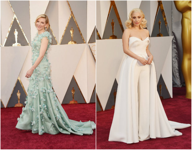 Cate Blanchett desfilou sobreposições feitas de plumas, e Gaga foi de macacão off white com saia sobreposta. Fotos: The Academy/Reprodução da internet e Getty Images/AFP Cate Blanchett desfilou sobreposições feitas de plumas, e Gaga foi de macacão off white com saia sobreposta. Fotos: The Academy/Reprodução da internet e Getty Images/AFP
