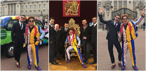 Romero Britto posou com terno da grife em pontos tursticos de Londres, onde comemora aniversrio da rainha da Inglaterra, Elizabeth II. Fotos: @brittopopart/Instagram/Reproduo