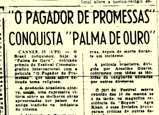O Diario de Pernambuco noticiou a conquista da Palma de Ouro pelo filme O Pagador de Promessas em 1962. Foto: Cedoc-DP