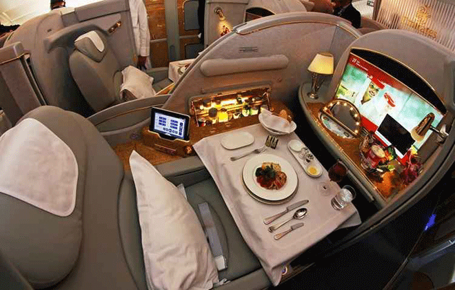 Na primeira classe da Emirates Airlines, o conforto  digno de reis. Foto: Emirates Airlines/Divulgao