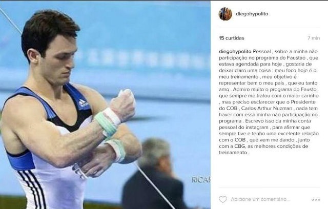 O ginasta chegou a comentar a polmica nas redes sociais, mas em seguida, apagou a publicao. Foto: Reproduo/Instagram