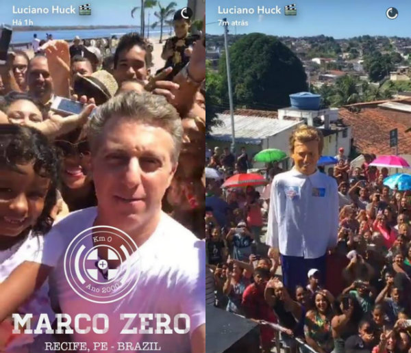 Huck visita o Marco Zero e mostra boneco gigante nas redes sociais. Foto: Reproduo/SnapChat
