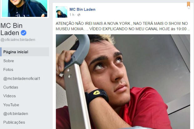 Em sua pgina oficial no Facebook, MC Bin Laden confirmou cancelamento do show em Nova York. Foto: Reproduo/Facebook