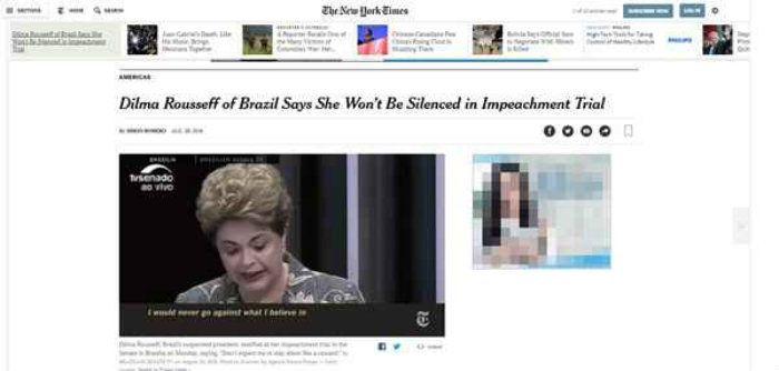 O norte-americano New York Times citou uma fala de Dilma: "No serei silenciada". Foto: New York Times/Reproduo
