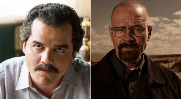 Pablo Escobar e Walter White so de Narcos e Breaking bad, respectivamente. Foto: Netflix e AMC