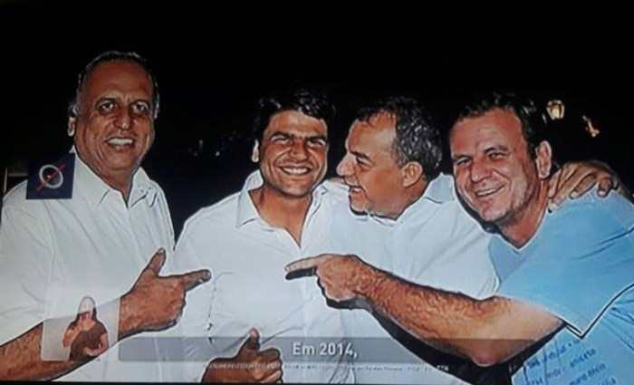 Na imagem, aparecem o candidato do PMDB a prefeito, Pedro Paulo, com o governador licenciado do Rio Luiz Fernando Pezo, o ex-governador Sergio Cabral, que o antecedeu, e o prefeito Eduardo Paes, todos do partido. Foto: Reproduo/Facebook