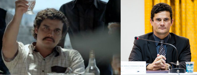 Wagner Moura como Pablo Escobar na srie Narcos, produzida pela Netflix, e o juiz Srgio Moro,  direita. Foto: Montagem/DP
