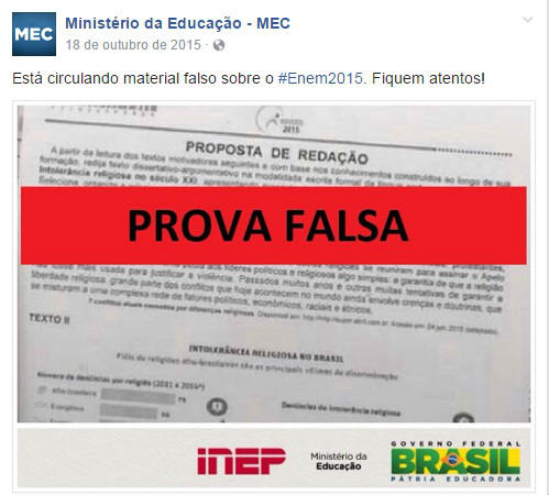 O tema  o mesmo que aparece em uma imagem divulgada no ano passado pelo Ministrio da Educao (MEC) ao desmentir um boato de vazamento da prova. Foto: MEC/Facebook/Reproduo