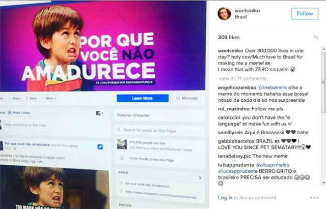 Repercusso foi tanta que o dono do meme, norte-americano, agradeceu ao Brasil. Foto: Instagram/Reproduo