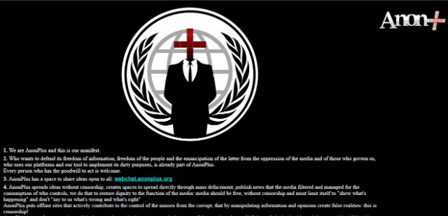 Em manifesto, os invasores dizem que "o AnonPlus difunde ideias sem censura" e criticam a mdia. Foto: Reproduo/Internet