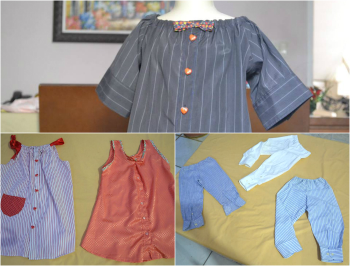 Vestidos e calas vestem crianas de at 12 anos e foram confeccionados a partir da doao de camisas masculinas usadas. (Vestidos e calas vestem crianas de at 12 anos e foram confeccionados a partir da doao de camisas masculinas usadas.)