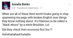 Azealia chamou brasileiros de "anormais de pas de terceiro mundo". Foto: Facebook/Reproduo