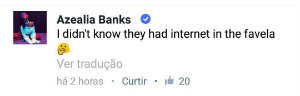Um dos momentos mais crticos foi quando ela perguntou se havia internet na favela. Foto: Facebook/Reproduo