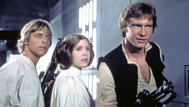 Luke Skywalker (Mark Hamil), Leia Organa (Carrie Fisher) e Han Solo (Harrison Ford) participam dos trs primeiros filmes da saga e retornaram para o Episdio VII, O Despertar da Fora. Foto: Lucasfilm/Divulgao