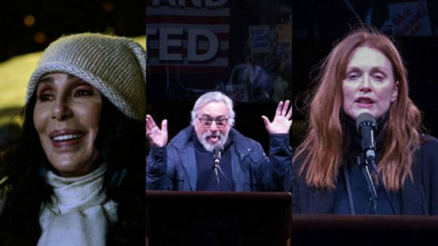 Cher, Robert de Niro e Julianne Moore protestam contra Donald Trump em Nova York. Foto: Twitter/Reproduo