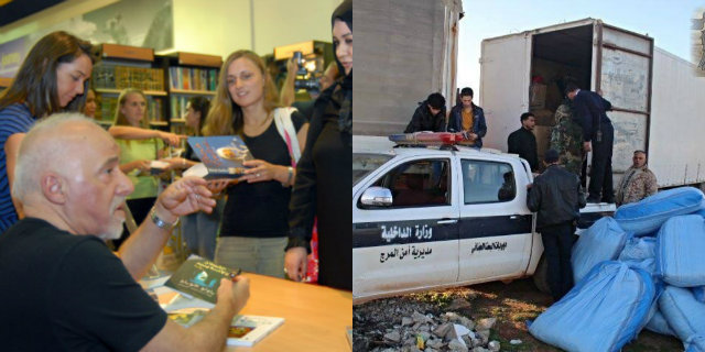 Escritores publicaram um comunicado de protesto depois de um vdeo da direo de segurana da cidade de Al Marj  mostrando os livros sendo colocados em um caminho. Fotos: Nasser Younes/AFP e Twitter/Reproduo