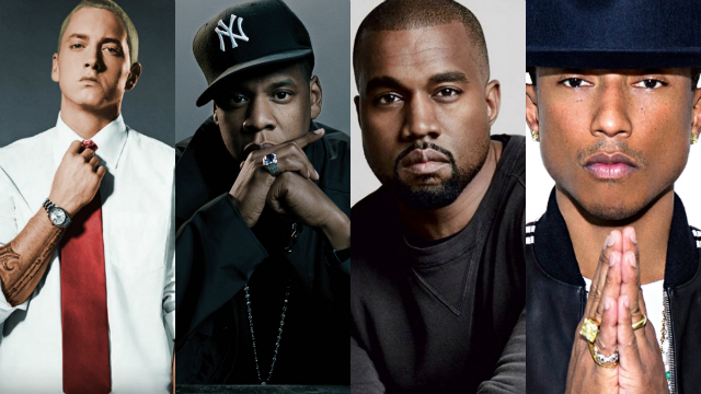Rappers como Eminem, Jay Z, Kanye West e Pharrell Williams atuam tambm como produtores. Fotos: Shady Records, Roc Nation, GOOD Music e Interscope/Divulgao