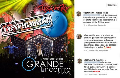 Artista rebate comentrio de seguidor no Instagram. Foto: Instagram/@elbaramalho/Reproduo