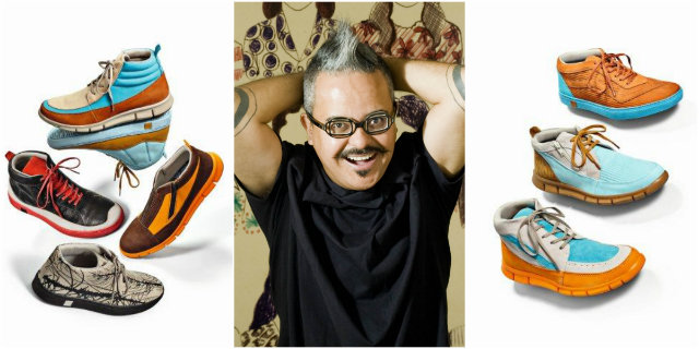 O estilista mineiro Ronaldo Fraga assinou sapatos em couro com textura de lonas. Fotos: Kildare/Divulgação (sapatos) e belohorizonte.mg.gov.br/Reprodução (Ronaldo) O estilista mineiro Ronaldo Fraga assinou sapatos em couro com textura de lonas. Fotos: Kildare/Divulgação (sapatos) e belohorizonte.mg.gov.br/Reprodução (Ronaldo)