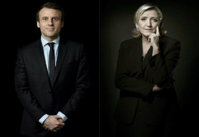 Os dois candidatos mais votados no primeiro turno da Frana foram Emmanuel Macron e Marine Le Pen. Foto: Eric Feferberg e Jol SAGET/AFP
