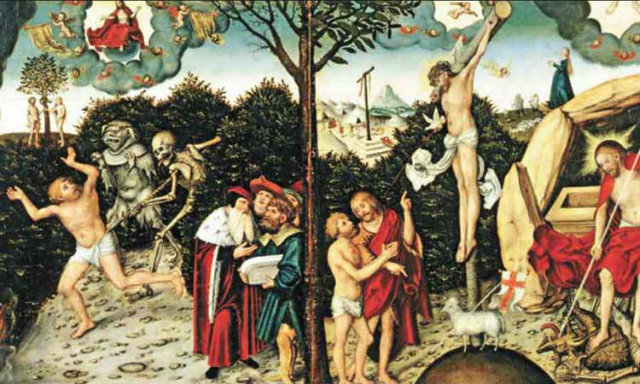 Dptico de Lucas Cranach, o velho:  direita, a Graa,  esquerda, a Lei. Imagem sintetiza o cerne da interpretao que Lutero faz da Bblia. Foto: Bblia de Estudo da Reforma/Reproduo