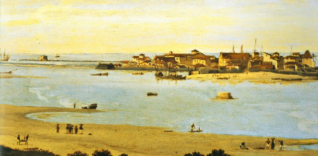 Local onde surgiu a primeira ponte do Brasil, no Recife. Imagem: Frans Post/Reproduo.