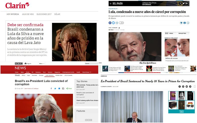 Pginas dos principais jornais dos Estados Unidos, Argentina, Frana e Espanha estampam a condenao de Lula na Lava-Jato
