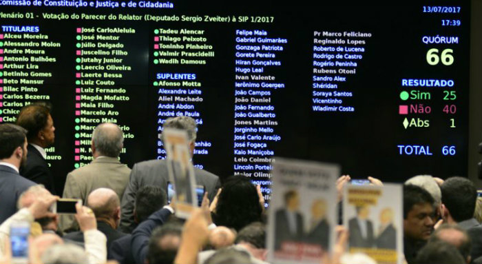 Base governista comemora o veto ao relatrio de Srgio Zveiter: parecer foi derrubado por 40 votos a 25. Foto: Ed Alves/CB 